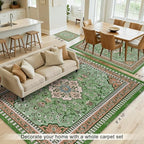 Luxury 5' x 7' Green Washable Area Rugs, Boho Low Pile Easy Clean Non-Slip Rug, Floral Medallion Pattern Vintage Rugs for Living Room, Dinning Room, Office, Bedroom, Bathroom, Laundry Room, Farmhouse