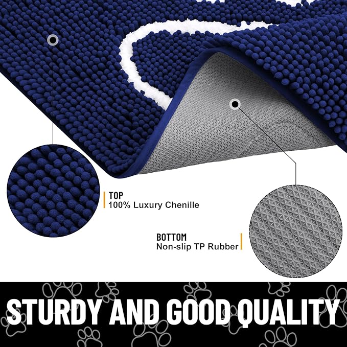 Smiry Dog Door Mat for Muddy Paws, Absorbent Dirt Trapper Non Slip Quick Dry Washable Chenille Mat for Mud Dogs, Entry Rug for Indoor and Outdoor (30x20 Inches, Navy Blue and White)