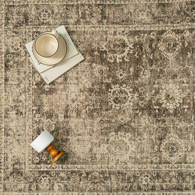 2x10 Washable Runner Rug for Kitchen Hallway Brown Vintage Non-Slip Low Pile Distressed Rustic Carpet Lightweight Vacuumable Soft Long Throw Rug for Indoor Entryway Bedroom