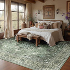 Area Rugs 8'x10' Washable Non-Slip, Floral Vintage Distress Print Pattern Medallion Carpet for Living Room Bedroom Dining Room, Dark Green Gray