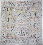 Goose Gray Afghan Angora Oushak with All Over Colorful Pattern Vegetable Dyes Organic Wool Hand Knotted Square Oriental Rug (11'9"x11'9")