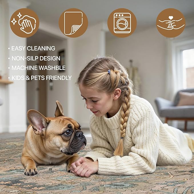 Bavni 8x10 Area Rugs for Living Room, Machine Washable Rug Lightweight Low Pile, Chenille Non Slip Rug Boho Print Decorative Carpet for Bedroom Dinner Room, Olive Green