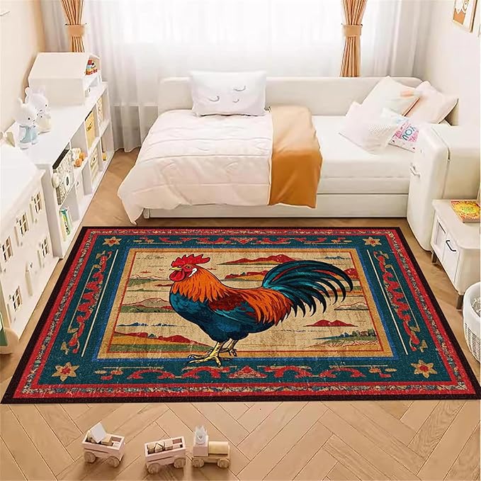 Vintage Rustic Rooster Area Rug ，5x6ft,Ethnic Design Colorful Mountains Geometric Pattern Print Rug，Low Pile Washable Rug Suitable for Farmhouse, Kitchen, Living Room, Bedroom Entryway