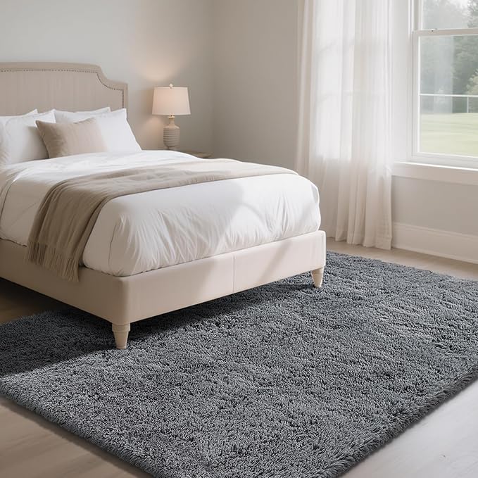 Fluffy Rug Shaggy Area Rug, Dark Grey 4x6 Area Rugs for Bedroom, Small Bedside Rug, Soft Fluffy Shaggy Entryway Throw Rugs for Living Room Bedroom Kids Room Home Decor