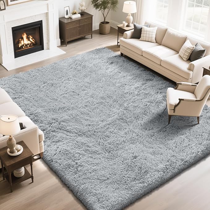 Fluffy Rug Shaggy Area Rug, Grey 9x12 Area Rugs for Living Room, Large Shag Area Rugs for Bedroom Kids Room Home Decor, Upgrade Anti-Skid Rectangular Fuzzy Rugs