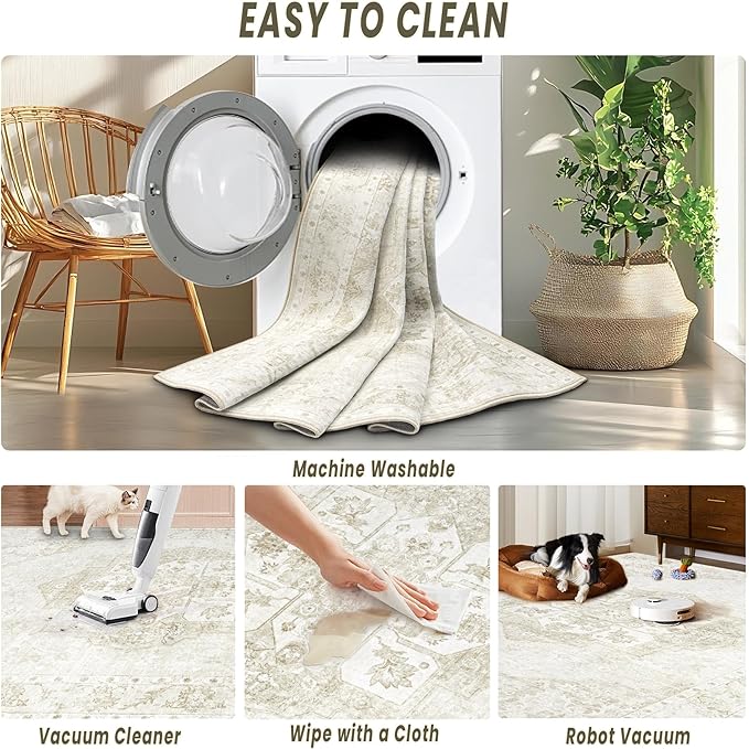 8x10 Area Rugs Washable Rugs for Living Room, Large Vintage Boho Rug Non-Slip Soft Floral Distressed Rug Low Pile Stain Resistant Carpet for Bedroom Nursery Office Dining Room Farmhouse(Beige, 8'x10')