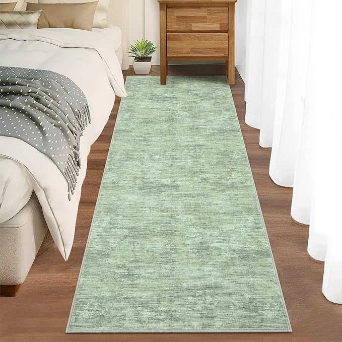 RUGSREAL Hallway Runner Rug 2.5x10 Long Kitchen Rug with Rubber Backing Low Pile Stain Resistant Entryway Carpet Washable Modern Solid Color Runner for Living Room Bedroom, Green