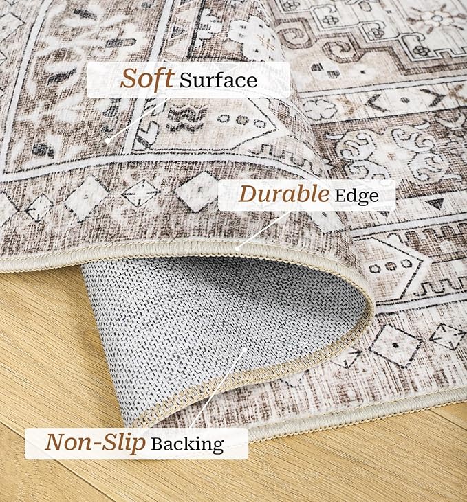 zesthome 2x3 Entryway Rug, Soft Washable Rugs, Non Slip Area Rug, Stain Resistant Low Pile Rugs for Bedroom, Vintage Rug for Door Mat, Kitchen (Brown/Beige,2'x3')
