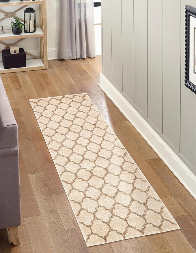 Rugs.com Lattice Collection Rug – 13 Ft Runner Beige and Light Brown Medium-Pile Rug Perfect for Hallways, Entryways