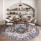 Tangsoo Vintage Round Rug 4ft, Washable Circle Rug, Non Slip Small Boho Round Rug, Low Pile Circular Rugs, Round Carpet for Bedroom,Entryway,Nursery,Dorm,Kitchen,Blue/Orange