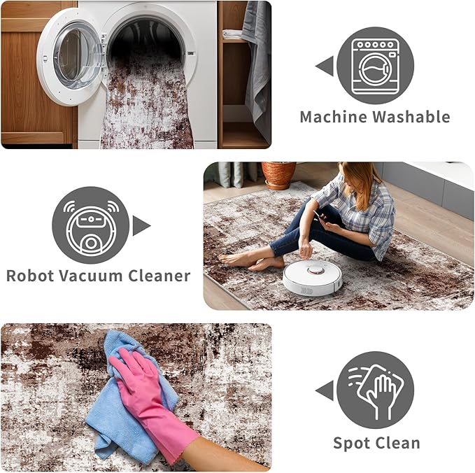 3x20 Washable Runner Rug for Hallway: Extra Long Runners for Entryway Living Room Dining Room - Stain and Water Resistant Rugs with Non-Slip Backing - Soft Low-Pile Carpet Brown Khaki White