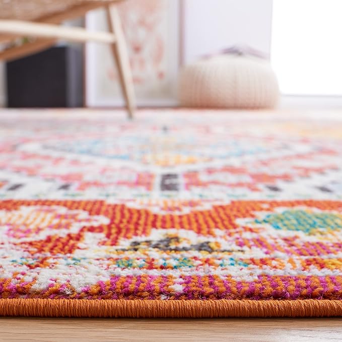 SAFAVIEH Madison Collection Area Rug - 6'7" Square, Rust & Pink, Boho Diamond Distressed Design, Non-Shedding & Easy Care, Ideal for High Traffic Areas in Living Room, Bedroom (MAD418Q)