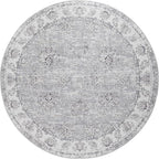 jinchan Fiora Round Rug 4ft Area Rugs Vintage Floral Distressed Design - Machine Washable Non-Slip Low-Pile Ultra-Thin Circle Rug for Entryway Bedside Living Room Dining Room Bedroom (4' Round, Grey)