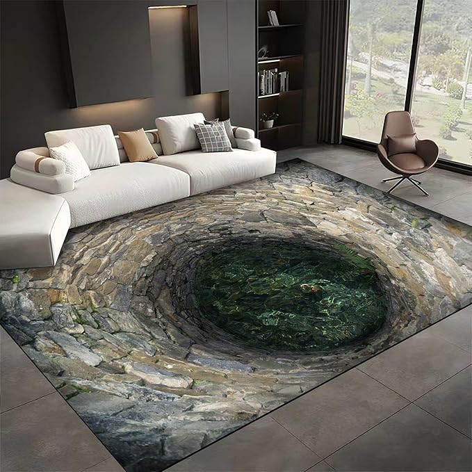 3D Hole Area Rug for Bedroom, 6x8ft, Visual Illusion Stone Cave Trap Design Home Decorative Rugs, Breathable Anti Skid Dirty Resistant Washable Soft Large Carpets for Family Indoor