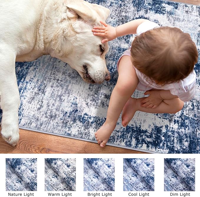 Modern Abstract Small Area Rug Indoor, Grey Navy Blue Multi 3x5 Washable Rug Non-Slip Soft Entryway Rug Kitchen Mats Thin Print Faux Wool Floor Carpet Colorful Throw Rugs for Entrance Bedroom