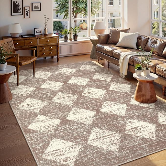 Lahome Machine Washable Rugs 6x9, Soft Beige Rugs for Bedroom Aesthetic Non Slip Living Room Rug Dining Room Carpet for Under Table, Moroccan Trellis Printed Indoor Carpet for Dorm Apartment Playroom