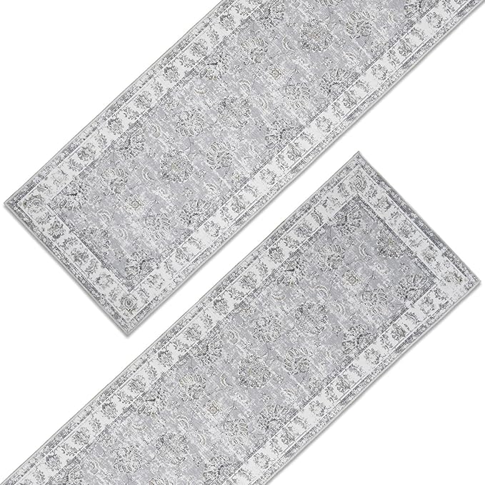 jinchan Fiora Runner Rug 3x8-2pcs Kitchen Washable Vintage Rug Hallway Rug Floral Print Floor Cover Indoor Thin Retro Mat Accent for Bathroom Laundry Room Bedroom Office Farmhouse (Double,Grey)