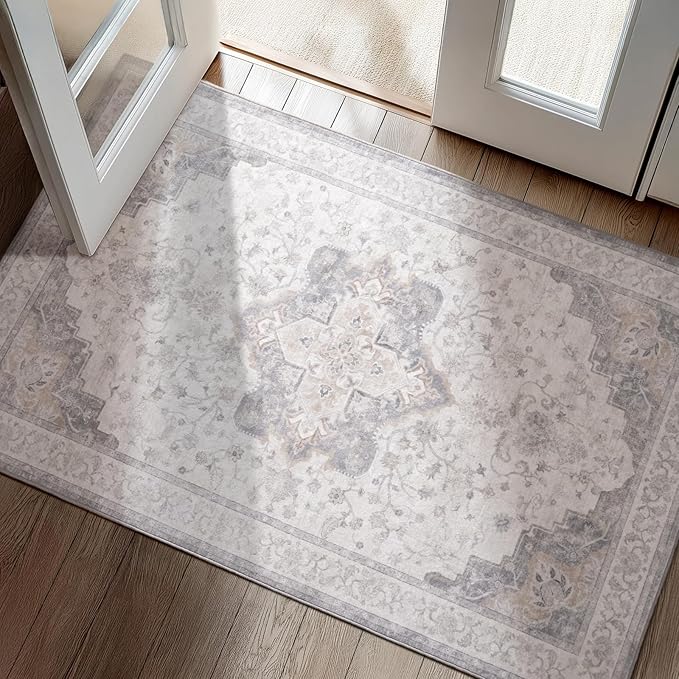 Marsail Area Rug 3x5, Soft & Slip-Resistant Large Area Rug with Reinforced Bound Edges, Vintage Short-Pile Washable Rug with Floral Pattern for Living Room, Dinning Room and Bedroom, Brown