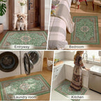 2' x 3' Green Washable Area Rugs, Non-Slip Entryway Rug, Boho Low Pile Door Mat Indoor Entrance, Floral Medallion Pattern Vintage Rugs for Kitchen Bedroom Bathroom Laundry Living Room Farmhouse