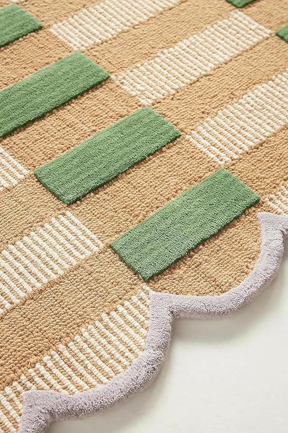 Hand-Tufted Wool Rug with Scalloped Edges, Light Blue Plaid Pattern, Cozy Soft Area Rug for Living Room, Bedroom, and Nursery, Handmade Modern Accent Rug (Green, 8X10 FEET)