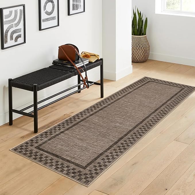 Washable Runner Rug 2x10 Modern Bordered Hallway Runner Rug Non Slip Kitchen Throw Carpet Checkered Bathroom Entryway Runner Rugs Low Pile Solid Area Rugs for Living Room Bedroom Nursery Sink, Brown