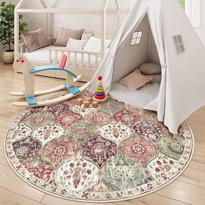 Lahome Moroccan Trellis Washable Round Rugs, Non-Slip Soft Round Rug 4ft Ultra-Thin, Small Vintage Circle Carpet for Entryway Kitchen Bedroom Nursery Bathroom, Orange/Terracotta