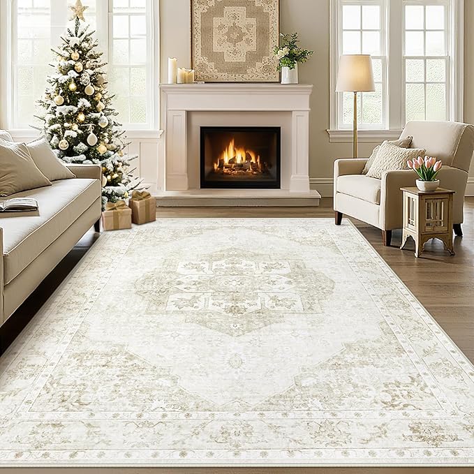 6x9 Area Rugs Washable Rugs for Living Room, Vintage Boho Rug Non-Slip Soft Floral Distressed Rug Low Pile Stain Resistant Carpet for Bedroom Nursery Office Dining Room Farmhouse Dorm(Beige, 6'x9')