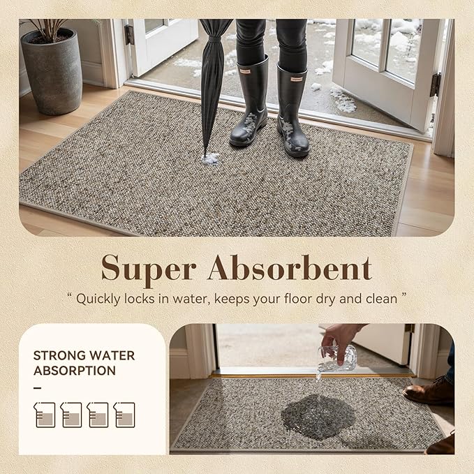 MontVoo Door Mat Indoor Entrance Doormat, Absorbent Durable Rubber Non Slip Front Door Mat for Inside Entry Entryway Dirt Trapper Welcome Mat, Grey Brown 17''x30''