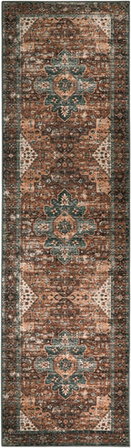 Moynesa Ultra-Thin Washable Runner Rug - 2x7 Kitchen Runner Stain Resistant Hallway Mat, Non-Slip Non-Shedding Bathroom Laundry Carpet Runner for Front Door Bedside Camper, Brick Red/Dull Teal