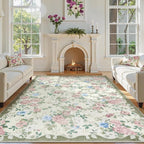 Lahome Vintage Floral Area Rugs 8x10,Large Rugs for Living Room Boho Area Rug Machine Washable, Low Pile Bedroom Rugs 8x10 Carpet for Office Rug Playroom Dining Room（Cream/Green）