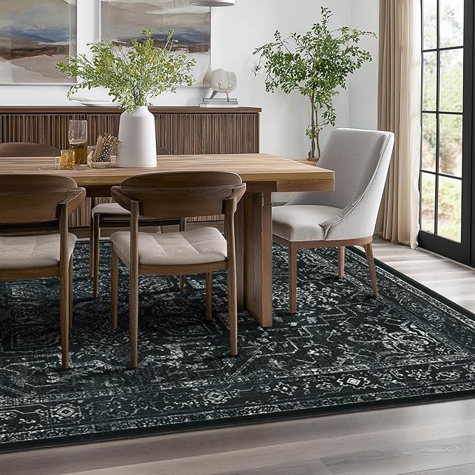 Dark Distressed Washable Area Rugs 9x12 Living Room, Black Vintage Medallion Printed Big Carpet Rugs for Bedroom, Washable Non Slip Low Pile Thin Rugs for Dining Room Home Office