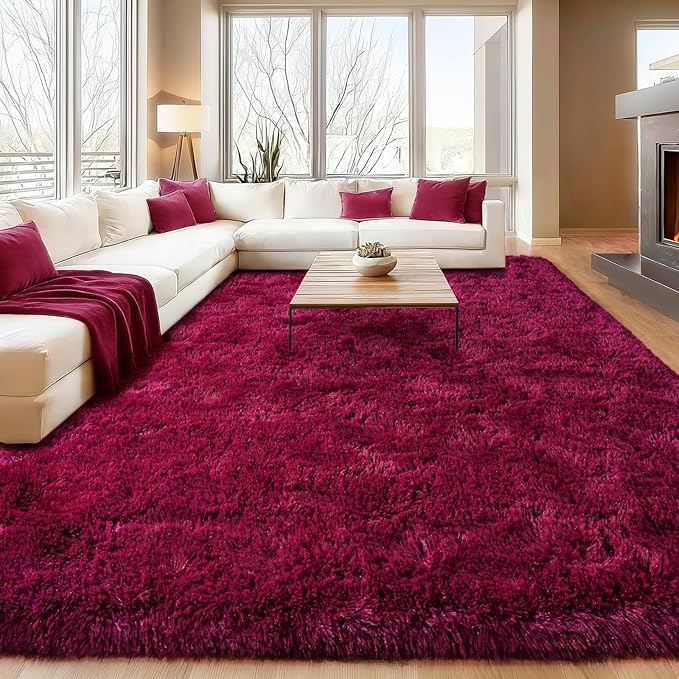Burgundy Plush Rug for Living Room Fuzzy Carpet for Bedroom Dorm, Non-Slip High Pile Rug, Shag Rug for Playroom Nursery Home Office Decor 5X7 Ft