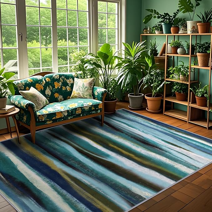 Abstract 8x10 Area Rug, Modern Stripe Teal Rugs for Living Room, Washable Soft Large Non-Slip Floor Carpet for Dining Room Office Bedroom Farmhouse Decor - Teal/Multi