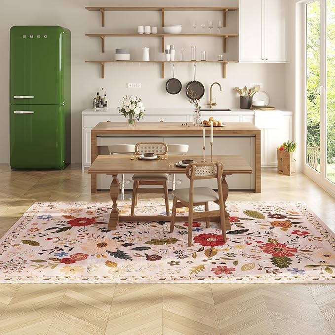 5x7 Washable Rug for Living Room, Pink Floral Area Rug, Non Slip Low Pile Soft Flower Carpet, Large Rugs for Bedroom, Dining Room, Office, Kids Playroom, Nursery, Pink/Beige