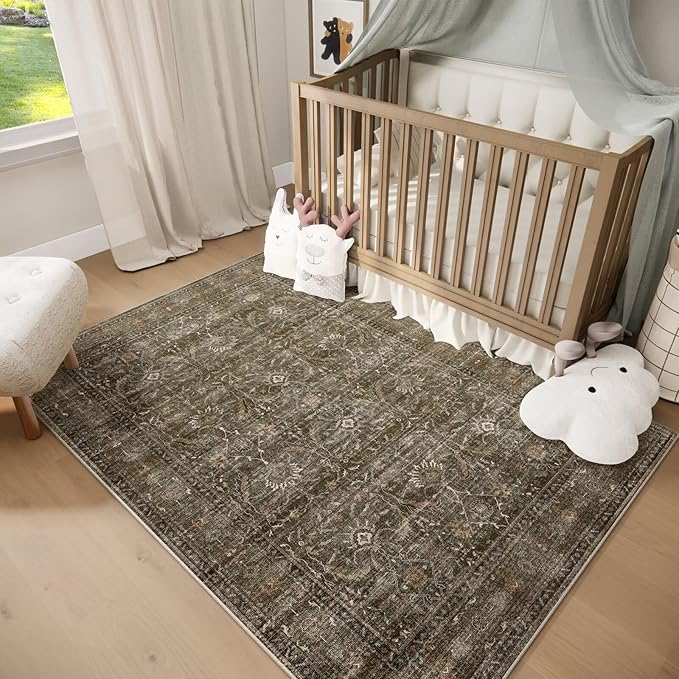 Washable 5x7 Area Rugs for Living Room, Boho Non-Slip Vintage Distress Rugs for Bedroom Dining Room Nursery Office, 0.3" Neutral Oriental Throw Thin Carpet with Cushioning Pad, Rust/Multi