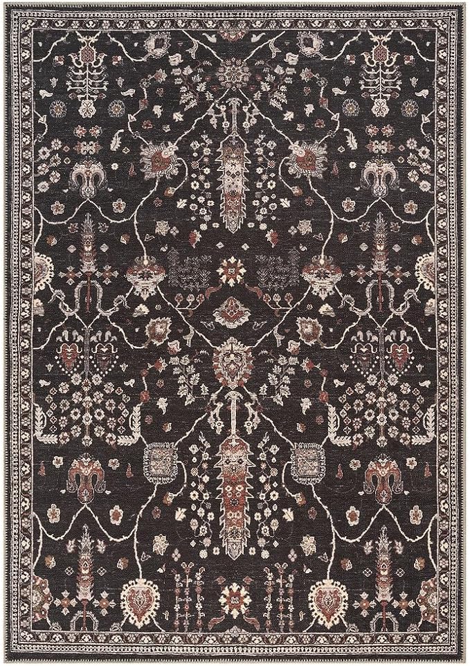 GLN Rugs Traditional Collection - Machine Washable Area Rug, Traditional Washable, Non Slip, Low Pile Chenille Rug, Living Room, Bedroom, Kitchen Rug (5' x 7' Black)