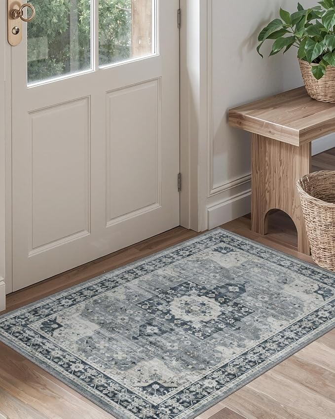 DEXI Area Rugs for Entryway 2'8"x4', Washable Low Pile Vintage Traditional Entry Rug Non Slip, Indoor Door Mat for Bedroom Kitchen Entrance Hallway, Blue Grey