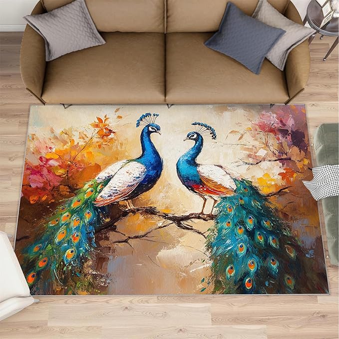 Peacock Rug 5x7-5x7 Rug, Classic Peafowl Floral Area Rugs for Bedroom, Peacock Couples Rugs for Living Room, Oil Painting Art Washable Mat, Aesthetics Carpet - Peafowl Home Decor & Gifts