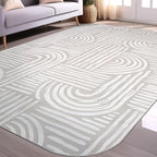 Beverly Rug Modern Geometric Area Rug 8x10 Low-High Pile Durable Soft Abstract Curved Indoor Rugs for Living Dining Room Office Stain Resistant Non Shedding Casual Indoor Carpet Beige White 8 x 10