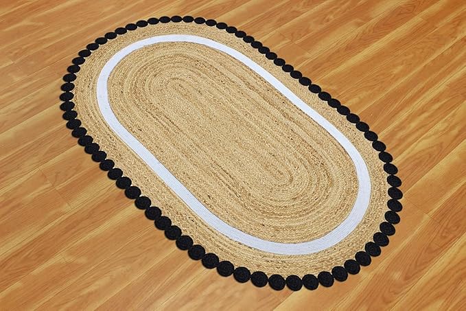 Oval Jute Runner 2.6x6 Flatweave Kilim Runner Hand Braided Jute Thick 0.27" Solid Pattern Black Beige Natural Oval Handmade Boho Indoor Outdoor Rugs for Hallway Enterway Corridor