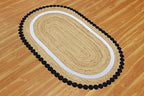Oval Jute Runner 2x14 Flatweave Kilim Runner Hand Braided Jute Thick 0.27" Solid Pattern Black Beige Natural Oval Handmade Boho Indoor Outdoor Rugs for Hallway Enterway Stair Corridor