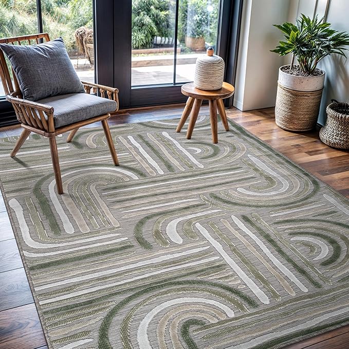 CAMILSON Indoor Outdoor Rug, Beige 5x7 Geometric Arch Striped Area Rugs for Patio and Home Areas, Easy-Cleaning Non-Shedding Living Room, Garden and Deck Washable Outside Carpet (5 x 7)