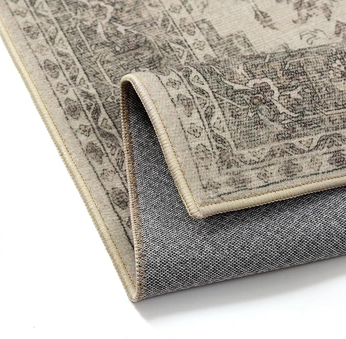 5x7 Washable Area Rug Beige Grey Vintage Distressed Rug for Office Oriental Soft Thin Indoor Retro Gray Carpet Non Slip Low Pile Floor Cover for Living Ding Room Bedroom Laundry Dorm