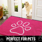 Smiry Dog Door Mat for Muddy Paws, Absorbent Dirt Trapper Non Slip Quick Dry Washable Chenille Mat for Mud Dogs, Entry Rug for Indoor and Outdoor (30x20 Inches, Hot Pink and White)