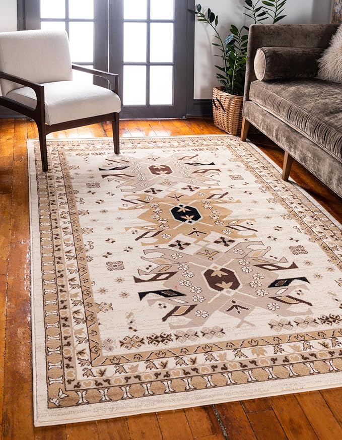 Unique Loom Taftan Collection Border Geometric Tribal Inspired Design Area Rug, 8 ft x 10 ft, Ivory/Tan