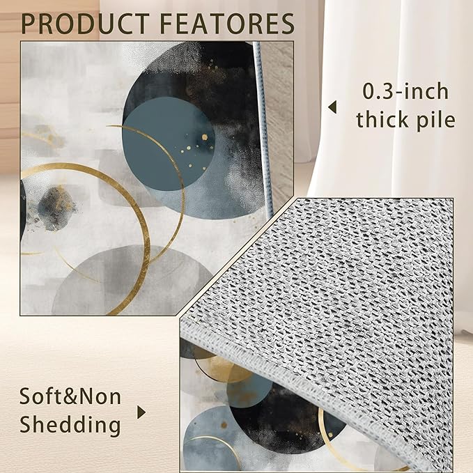 Blue Gray Modern Rug for Living Room 5x7, Low Pile Non-Slip Backing, Machine Washable Easy Fold Rug for Home, Office, Dorm Room