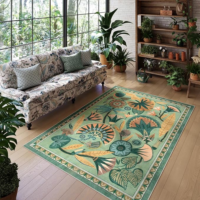 5x7 Floral Rug, Green Rug for Living Room, Washable Low Pile Bedroom Rugs, Non Slip Throw Rugs with Rubber Backing, Soft Carpet for Dining Room Home Office Playroom