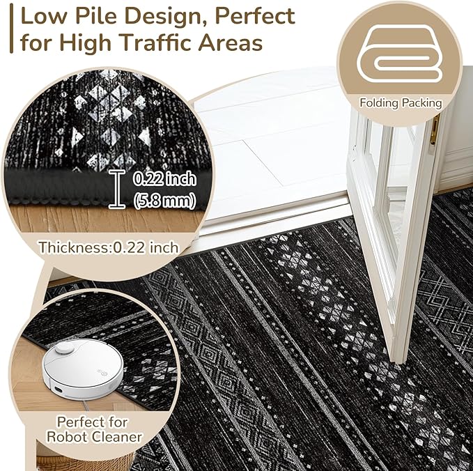 BESTSWEETIE 6x9 Area Rugs for Living Room Washable Moroccan Farmhouse Neutral Geometric Low Pile Non-Slip Soft Print Pattern Rug for Bedroom Kitchen Dining Room Entryway Black/White