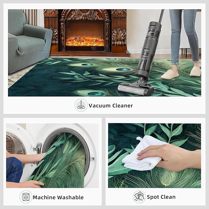 Peacock Feather Rugs for Living Room - 3x4 Rug, Peacock Decor Area Rugs for Bedroom, Teal Turquoise Rug, Plant Washable Carpet, Malachite Green Feather Carpet - Peafowl Home Decor & Gifts