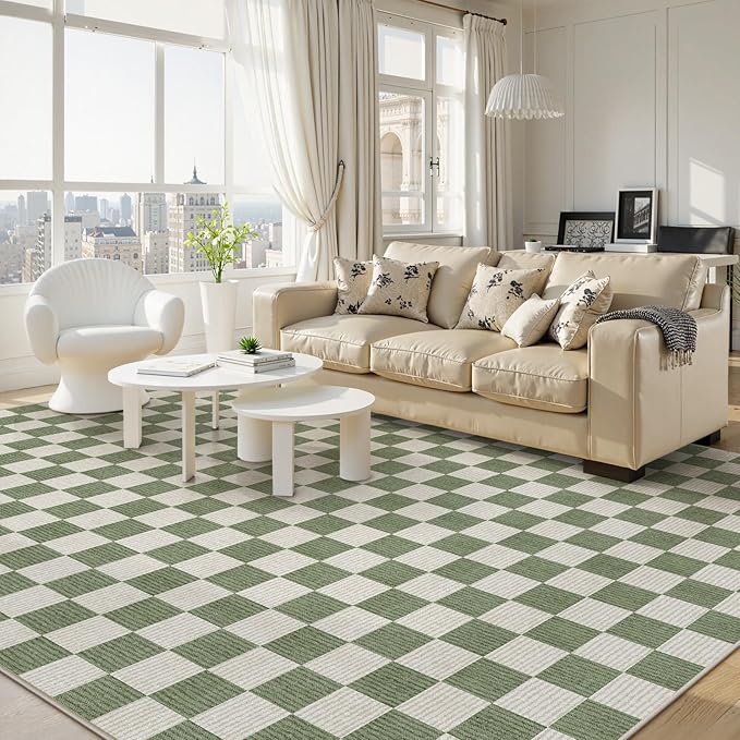 LIVEBOX 9x12 Area Rugs for Living Room, Checkered Non-Slip Washable Rugs, Farmhouse Neutral Classic Geometric Large Boys Area Rug for Bedroom, Carpet for Living Dining Room Office(Sage Green,9'x12')